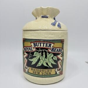 Vtg Large Hearth Burlap Sack Kitchen Canister Jar 1988 Royal Butter Beans 8.5"